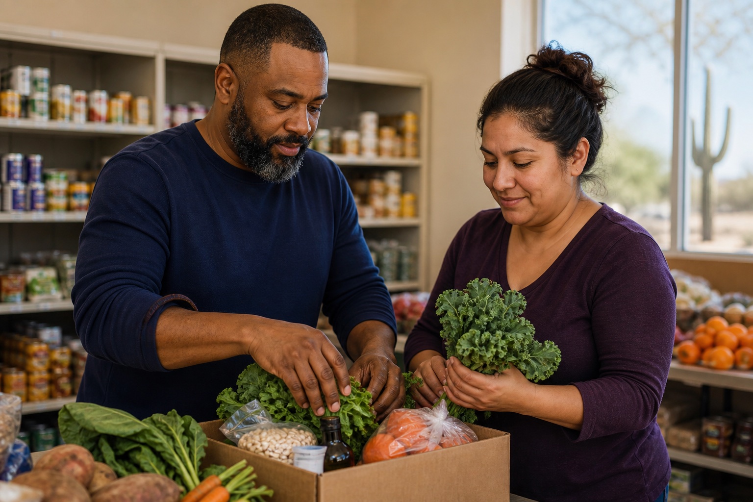 Neighbors preparing fresh groceries at the Father Matters Food Pantry
