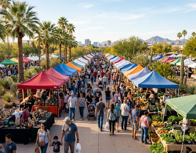 Busy outdoor market with vendors and families