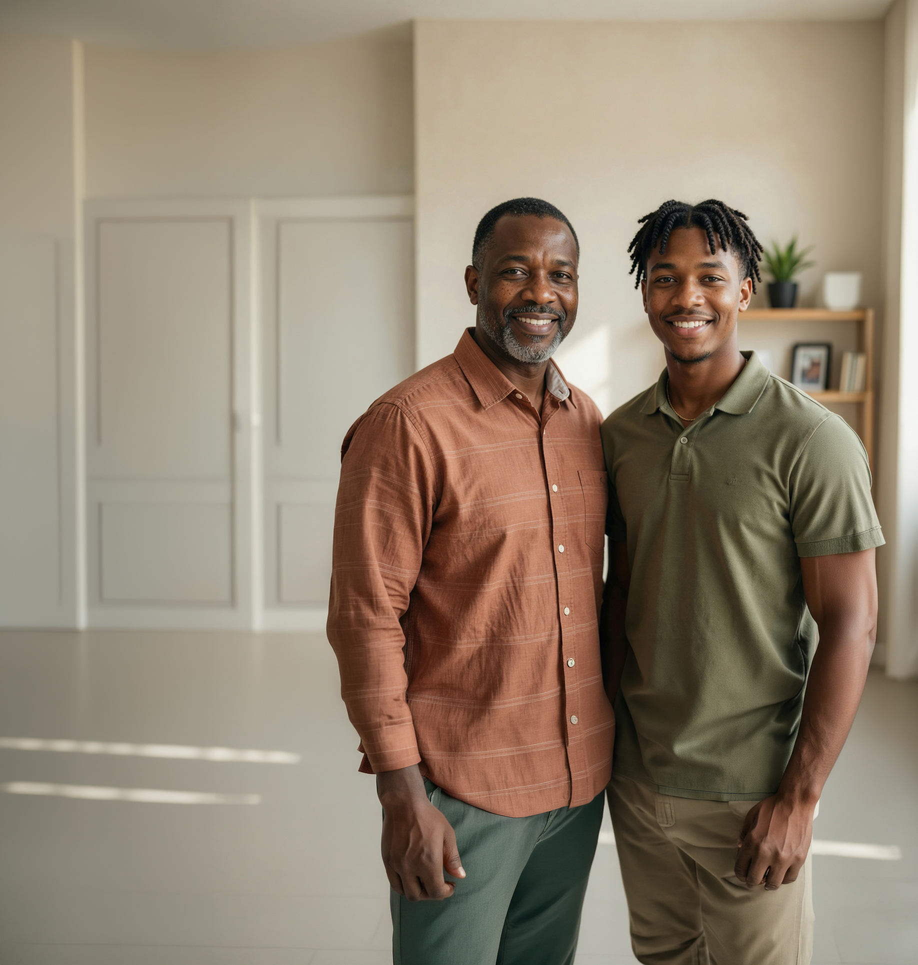 Father and son smiling together