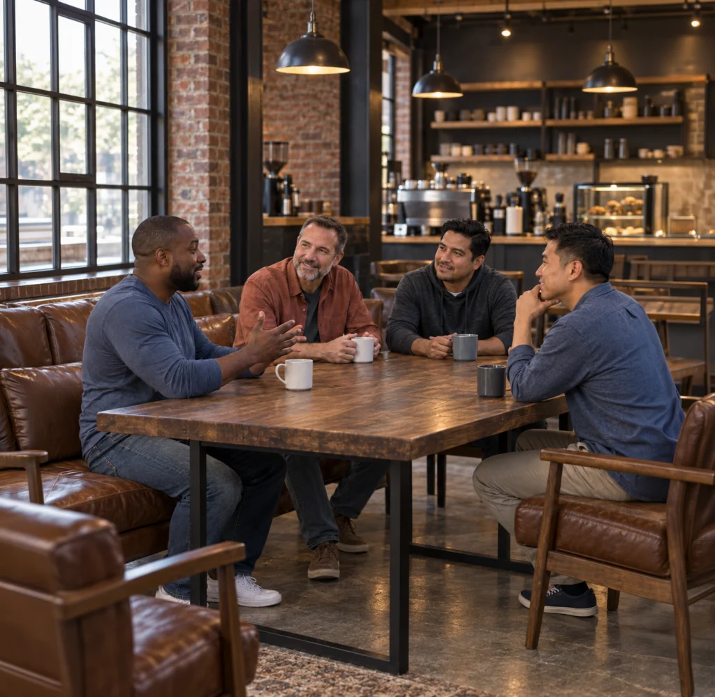 Four men talking together around a wooden table at a coffee shop