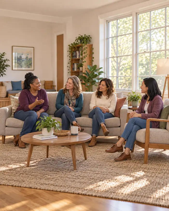 Mother 2 Mother parenting class with four women talking together